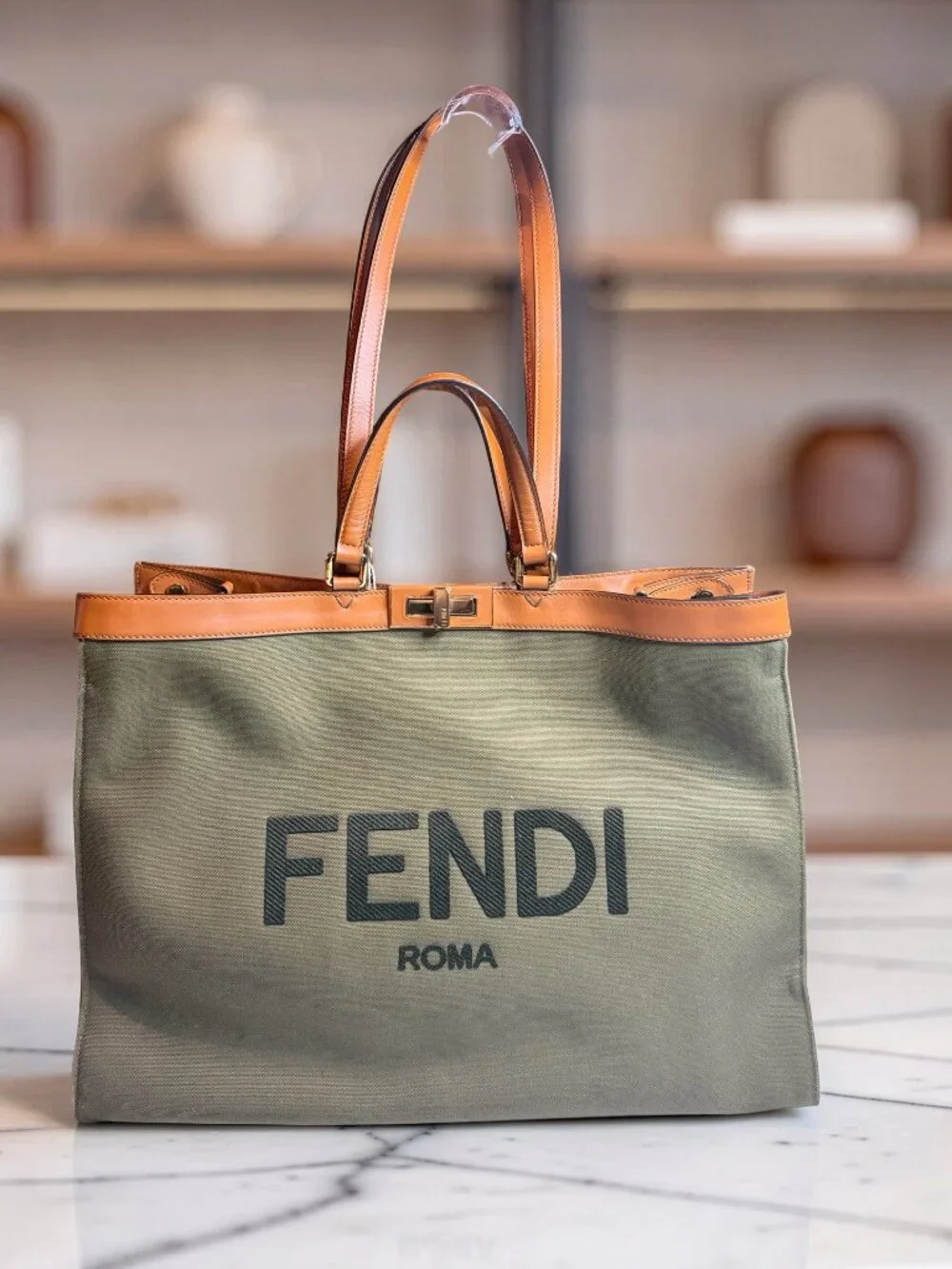 Fendi Peekaboo X-Tote Large Olive Canvas Tan Leather Trim Gold HW